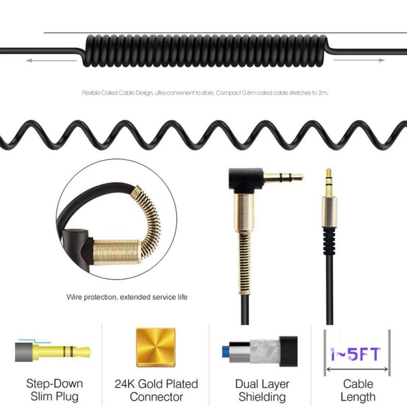 USonline911 1-5ft 90 Degree Coiled Audio Cable, Compatible with iPhones, iPads, Samsung and Other 3.5mm DC Plug Port Devices, (Single-BLK) - Image 2